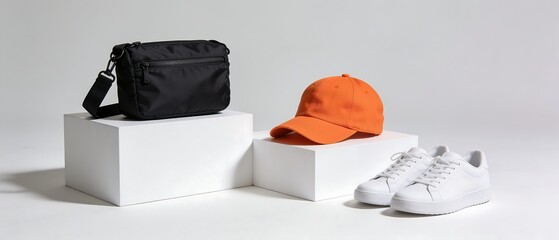 Minimalist flat lay fashion accessories display.