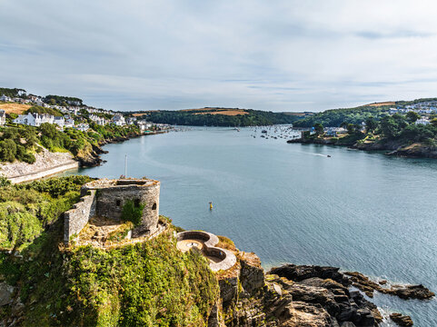 St Catherine's Castle over River Fowey from a drone, Fowey, Cornwall, England