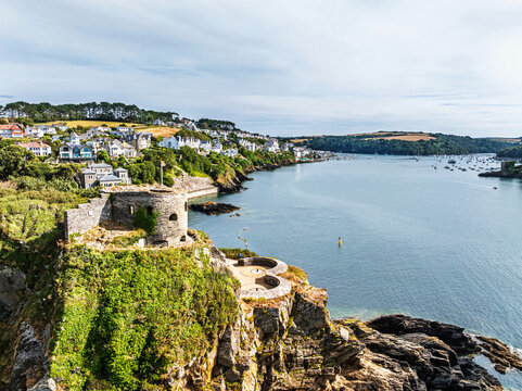 St Catherine's Castle over River Fowey from a drone, Fowey, Cornwall, England