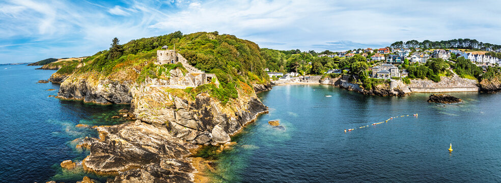 St Catherine's Castle over River Fowey from a drone, Fowey, Cornwall, England