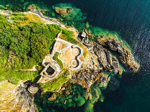 Top Down view of St Catherine's Castle over River Fowey from a drone, Fowey, Cornwall, England