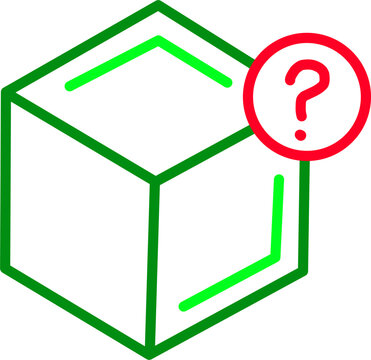 Green line art vector box with a red question mark icon, representing a mystery package, product inquiry, lost delivery, or surprise parcel.