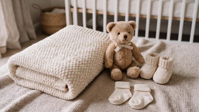A teddy bear sits next to small socks on a warm blanket in a room with a crib. Soft light comes through the window, creating a cozy space for a baby