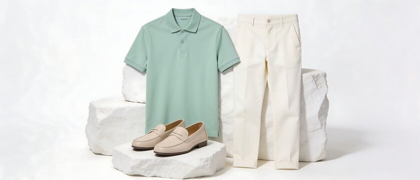 Green polo shirt outfit with casual shoes and shopping bags.