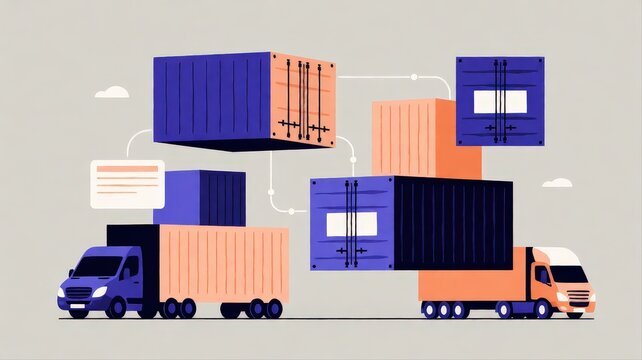 Modern freight transportation with shipping containers and trucks against sky