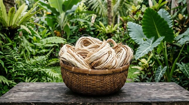 Natural abaca fiber bundles in a woven basket on a wooden table