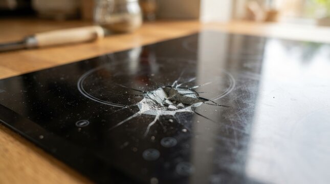 Severely Cracked Black Glass Induction Cooktop with Impact Damage in Modern Home Kitchen