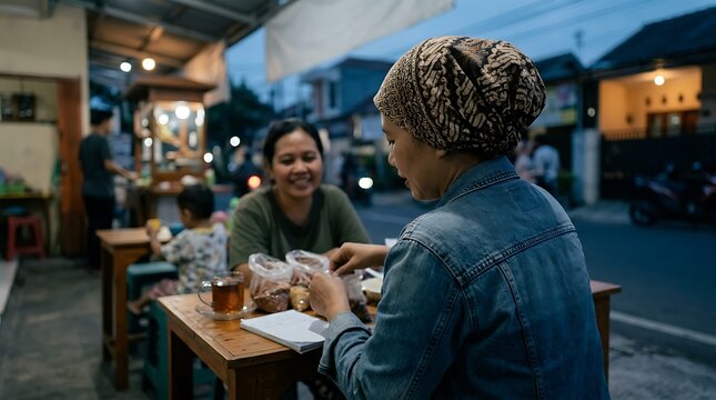 Woman in batik headscarf eats at night street food stall