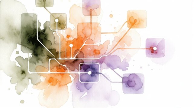 Abstract watercolor painting with interconnected colorful digital technology elements