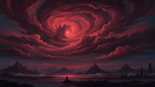 epic red storm sky with swirling clouds over dark fantasy landscape stock footage
