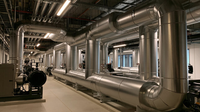 Elegant photo of Industrial HVAC system with large metal insulated pipes in a boiler room. Perfect for mechanical engineering and climate control infrastructure concepts.