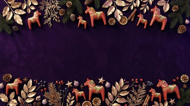 Festive christmas frame with golden leaves and dalahast figures