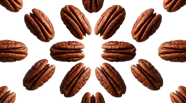 Pecan nut pattern with brown shelled halves arranged in a circular star shape, organic raw pecan nuts for healthy food branding and culinary design, symmetrical composition of textured tree nuts
