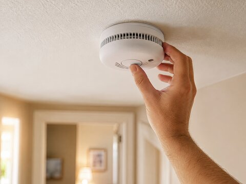 Hand testing a smoke detector on a ceiling for home fire safety and maintenance check.