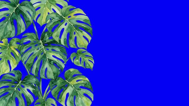 Watercolor Monstera leaves arrangement on a vibrant blue background creating a botanical design border