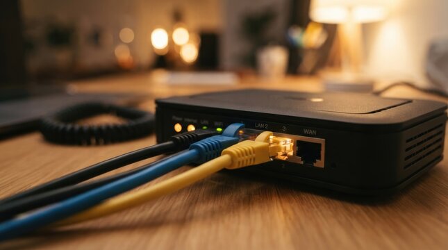 Home Network Router with Multiple Ethernet Cables Connected to LAN Ports in Warm Interior