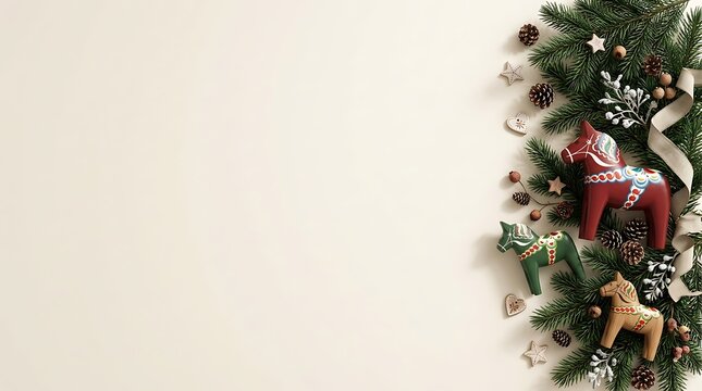Decorative dala horse ornaments with pine branches on off-white