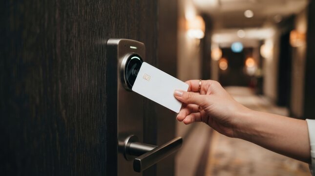 Woman Unlocking Hotel Room Door with Electronic Key Card and Contactless Access Reader