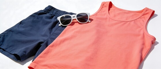 Summer Outfit with Tank Top Sunglasses and Denim Shorts Flat Lay.