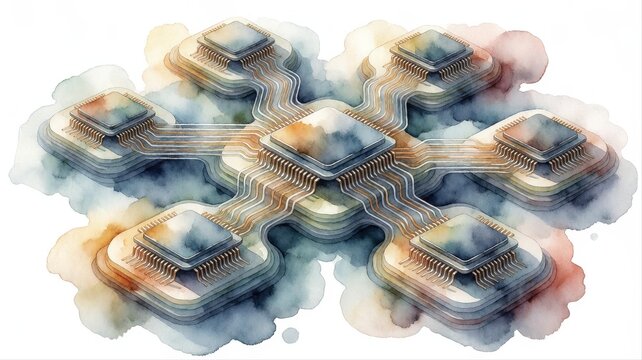 Illustrative Digital Art of Multiple Computer Microprocessors Connected by Circuit Lines