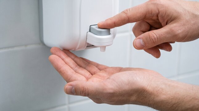 Manos usan dispensador de jabón líquido en baño 