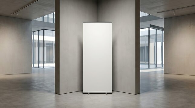 Blank vertical roll up banner mockup in minimalist gallery hall