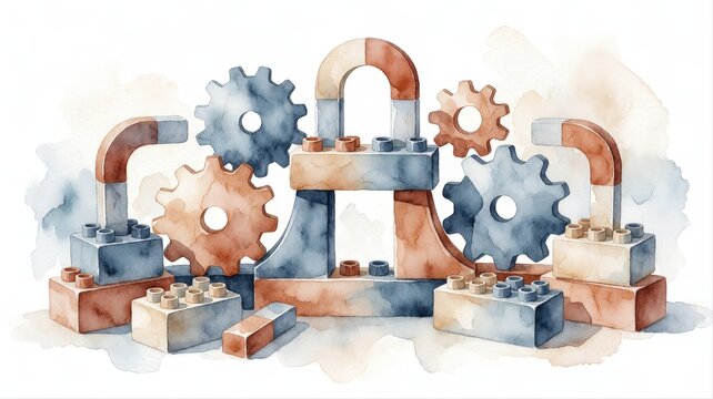 Collaborative teamwork concept with gears, blocks, and arch in watercolor style