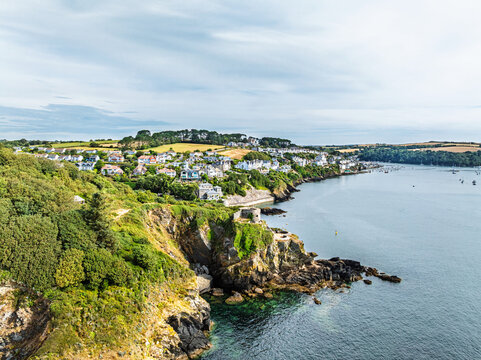 St Catherine's Castle over River Fowey from a drone, Fowey, Cornwall, England