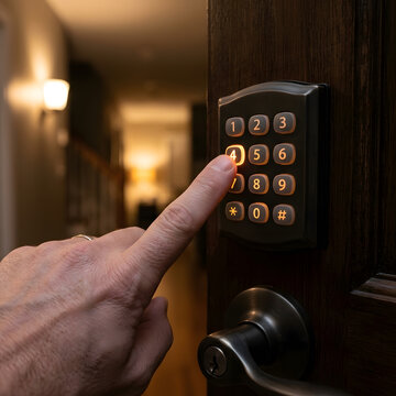 A close-up shot of a human hand using an illuminated digital keypad on a dark wooden door at night to input a security code for home automation, smart lock technology, and modern residential safety