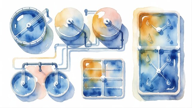 Artistic Watercolor Illustration of Water Pressure and Flow Control Devices