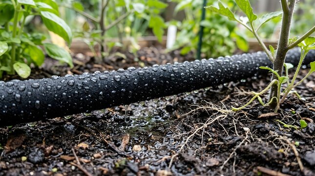 Drip irrigation hose watering tomato plants in a home garden soil bed