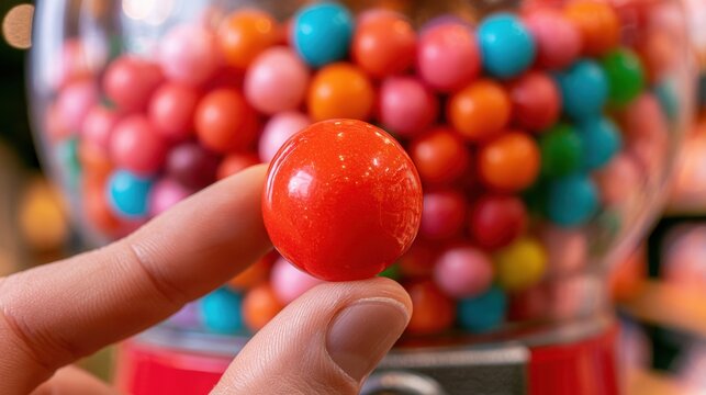 Close-up of hand holding bright shiny red bubble gum ball in front of colorful gumball machine with blurred background