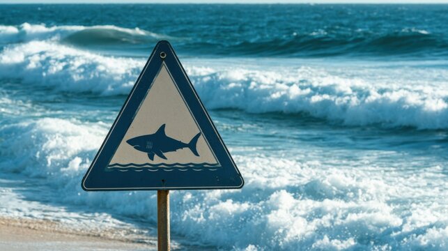 Warning sign with shark illustration on beach shore alerting people about possible shark presence in ocean water under sunny daytime conditions