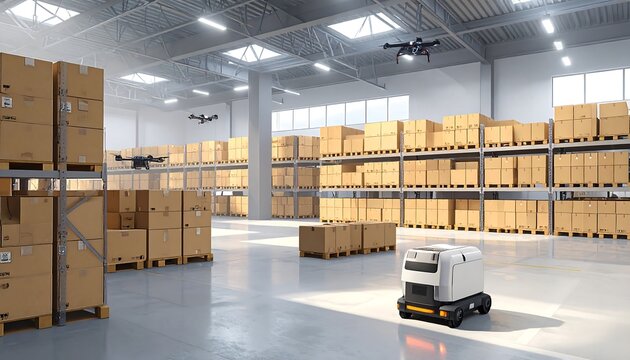 Futuristic yellow and black autonomous guided vehicle moving across a clean floor inside a large warehouse facility stacked with cardboard boxes on metal shelving. Concept for automated logistics, sma