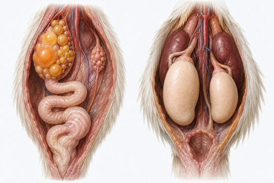Chicken reproductive anatomy female and male cutaway comparison