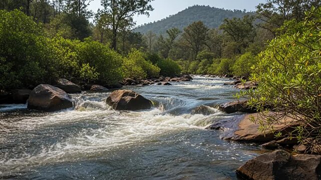 river flowing over rocks in forested mountain landscape