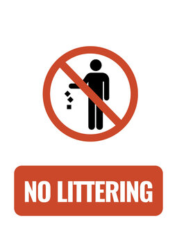 No littering sign with a crossed-out figure dropping trash and bold white lettering on a red background, promoting cleanliness and proper waste disposal.