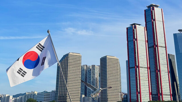 South Korean flag overlooking the modern Seoul skyline