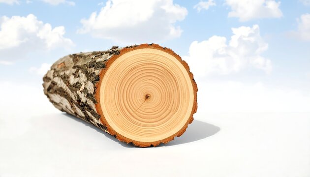 Detailed macro image of a freshly cut round tree log cross section on a white background, highlighting circular annual growth rings and outer bark texture. Concept for forestry, timber industry, and n
