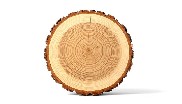 Detailed macro image of a freshly cut round tree log cross section on a white background, highlighting circular annual growth rings and outer bark texture. Concept for forestry, timber industry, and n