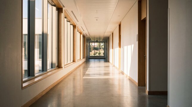 Modern office corridor with bright sunlight, empty minimalist hallway in corporate building, clean architectural interior
