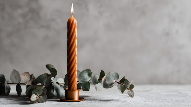 Taper candle in brass holder, minimalist Thanksgiving styling