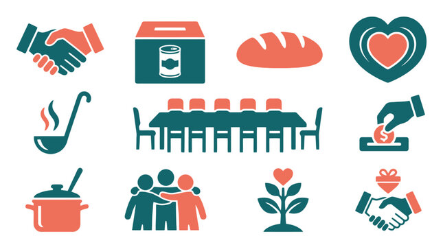 A collection of icons representing charity, community, and support services, including food, donations, and helping hands.