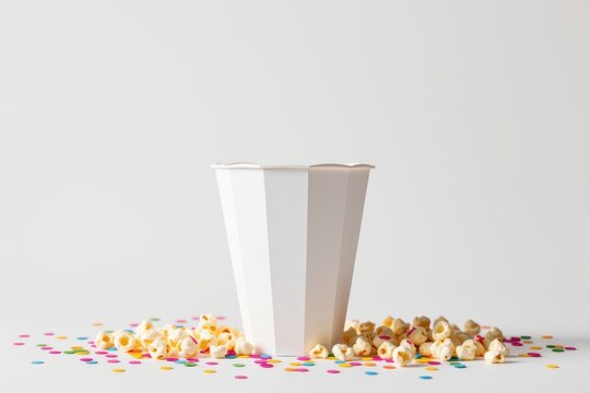 White popcorn container surrounded by scattered popcorn and confetti on white.