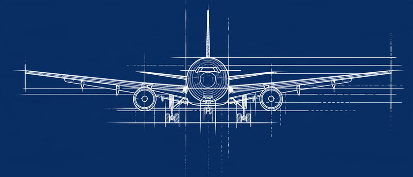 Blueprint of an Airplane: A detailed blueprint of a modern passenger jet, rendered in white lines against a vibrant blue background.