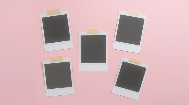 Instant picture frames arranged symmetrically on a solid pink backdrop.