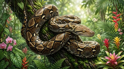 Fototapeta premium Large Reticulated Python coiled on mossy tree branch in tropical rainforest with exotic flowers