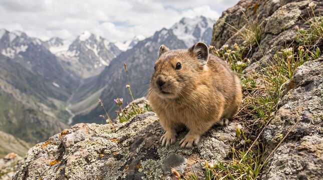 A tiny Ili pika perched on a rocky ledge in a high-altitude mountain environment, photographed from a close environmental angle