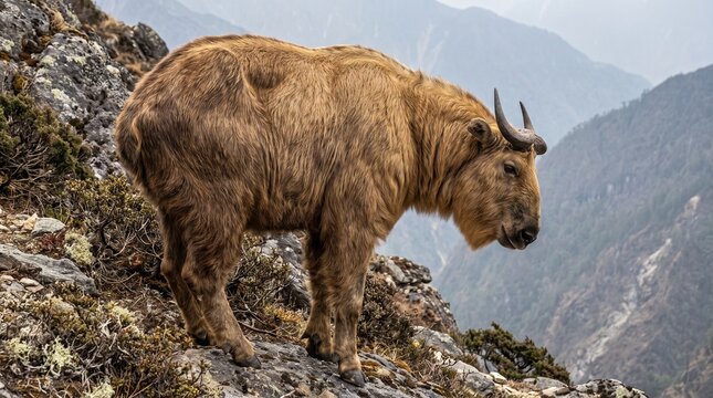 A Himalayan takin standing on a steep rocky mountain slope, photographed from below to emphasize its unusual body shape and massive curved horns.
