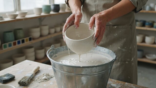Potter dipping a ceramic bowl into a bucket of white glaze inside artisan pottery workshop